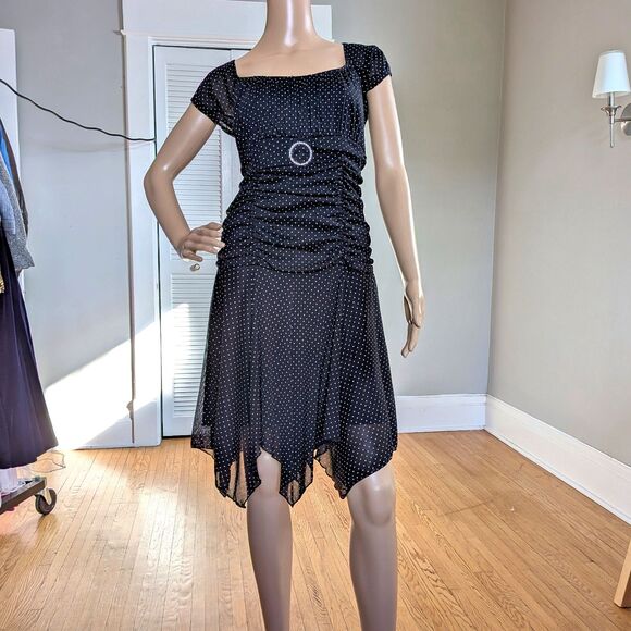 Vintage Y2K Polka Dot Mini Dress Mesh Milkmaid Whimsigoth Handkerchief Hem Large - Picture 2 of 12